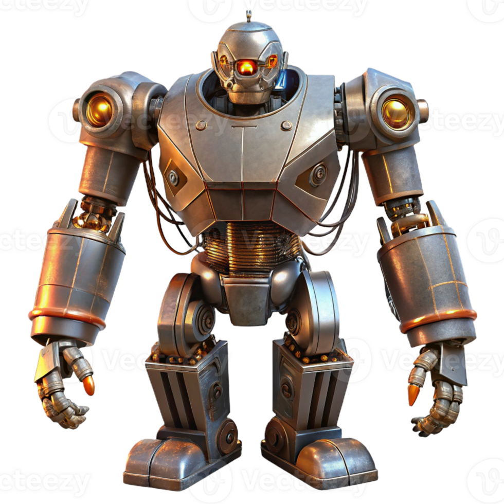 magnificent modern A giant robot, constructed from scrap metal and glowing wires, stands guard over a desolate, alien landscape. Harsh, industrial lighting. Dieselpunk style high quality png