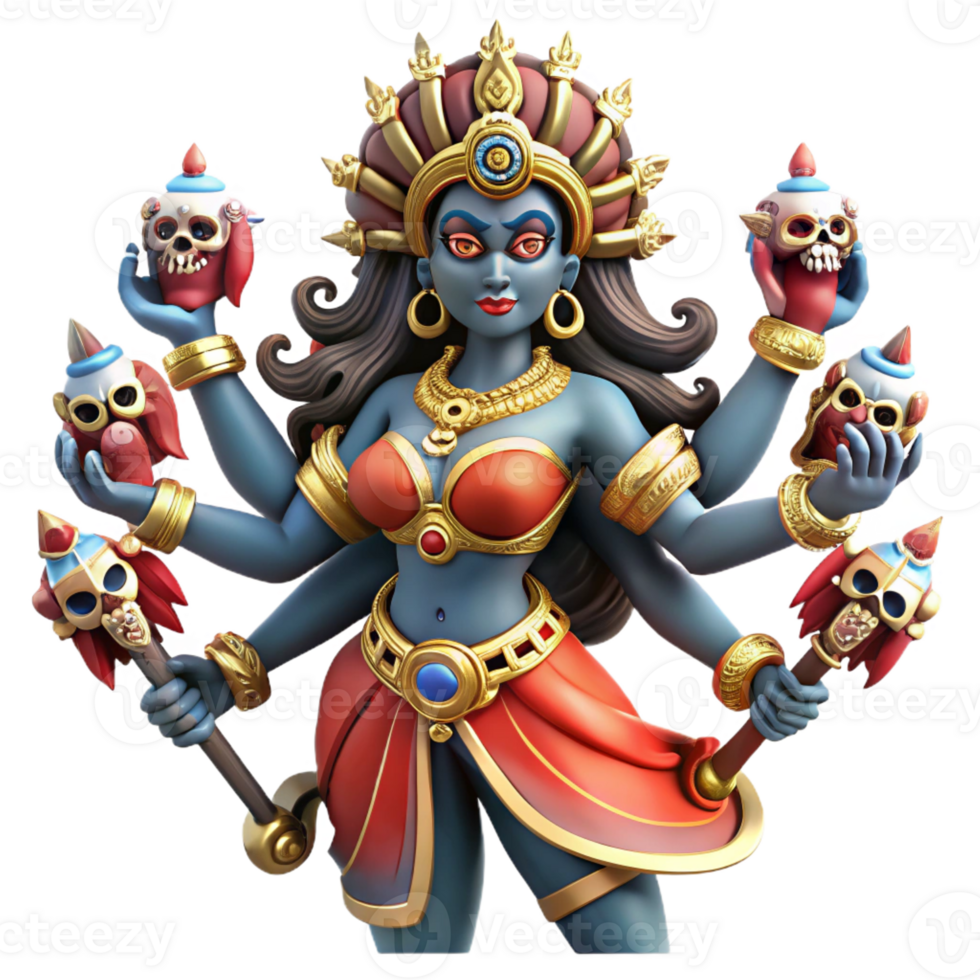 serene classic A fierce Hindu goddess Kali, with multiple arms wielding weapons, adorned with skulls, dancing on a prostrate demon. Vibrant, intricate style detailed png
