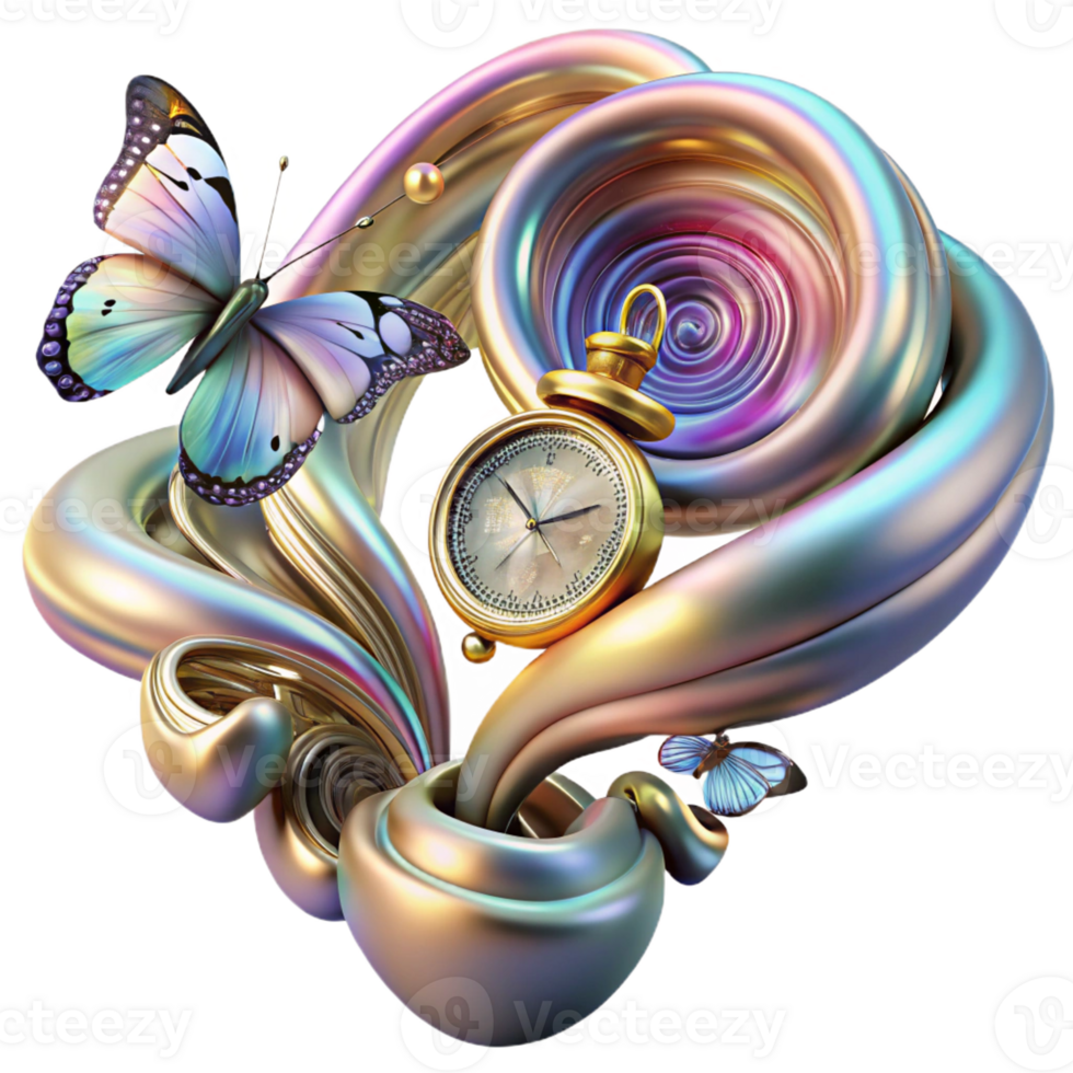 beautiful abstract A swirling vortex of clocks and pocket watches, melting into a cascade of iridescent butterflies, illuminated by crepuscular rays, Surrealist style professional png