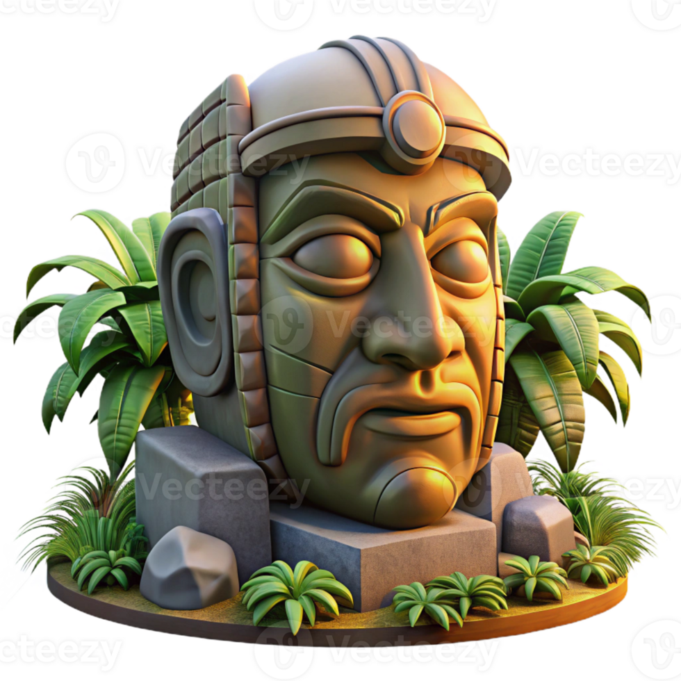 wonderful creative A colossal Olmec head statue, intricately carved, partially buried in jungle foliage, golden hour lighting, photorealistic style, high resolution png