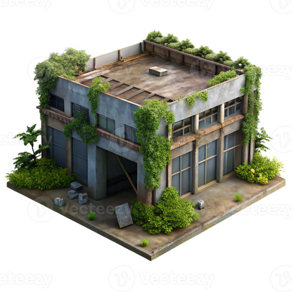 extraordinary artistic Abandoned warehouse in a post-apocalyptic city, overgrown with vegetation, muted colors, eerie lighting authentic png