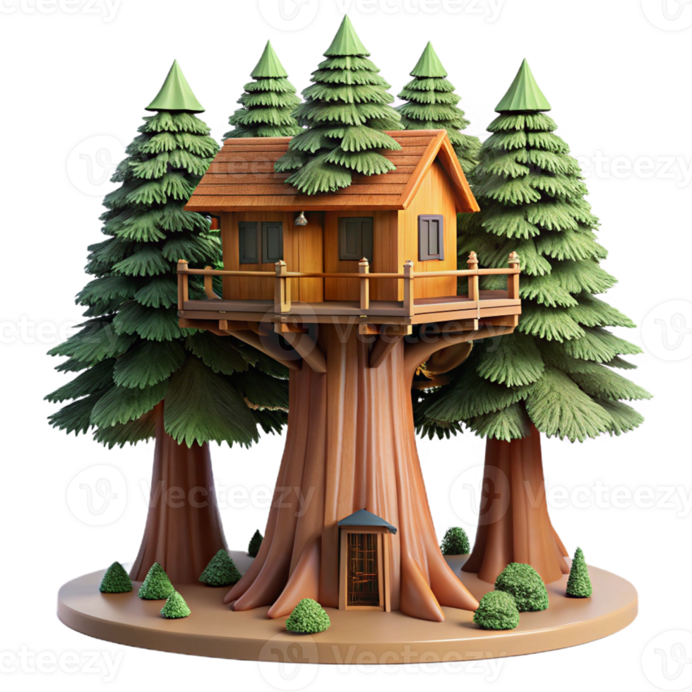dramatic classic Giant sequoia treehouse, integrated into the tree trunk, panoramic forest views, fantasy illustration style detailed png
