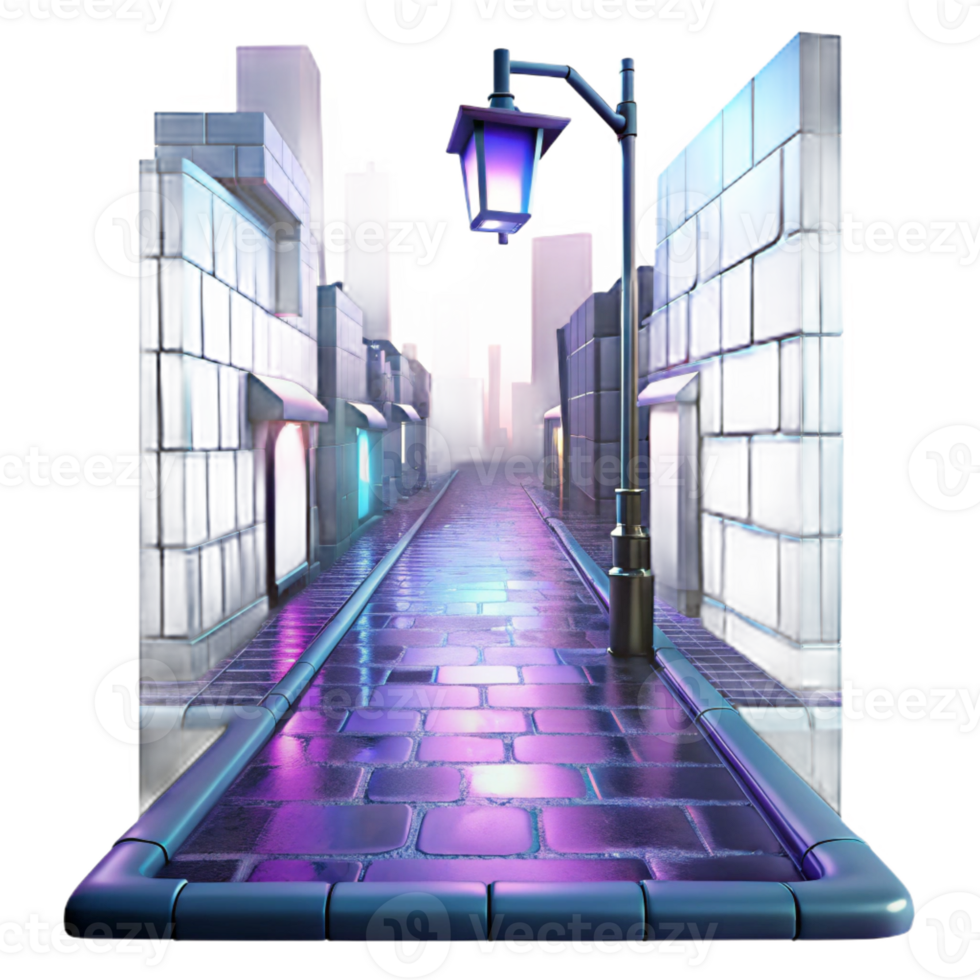 impressive rustic A lone streetlight illuminating a cobbled alleyway in a futuristic metropolis, rain slicked streets reflecting neon signs, cyberpunk style, cinematic lighting high quality png