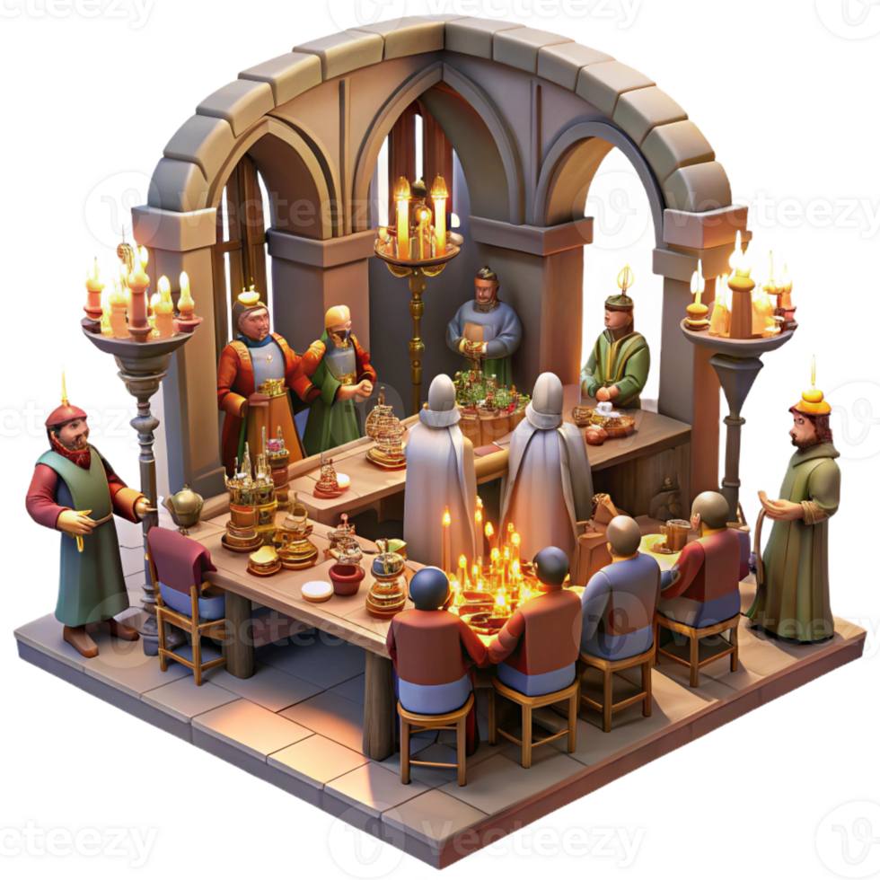 wonderful modern A medieval feast in a grand hall, with nobles and servants, laden tables, and musicians, illuminated by flickering torchlight, in a Renaissance painting style detailed png