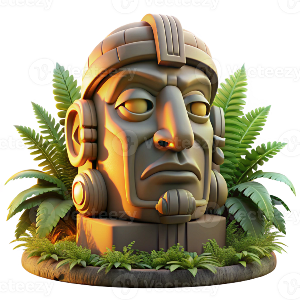 beautiful abstract A colossal Olmec head statue, intricately carved, partially buried in jungle foliage, golden hour lighting, photorealistic style, premium png