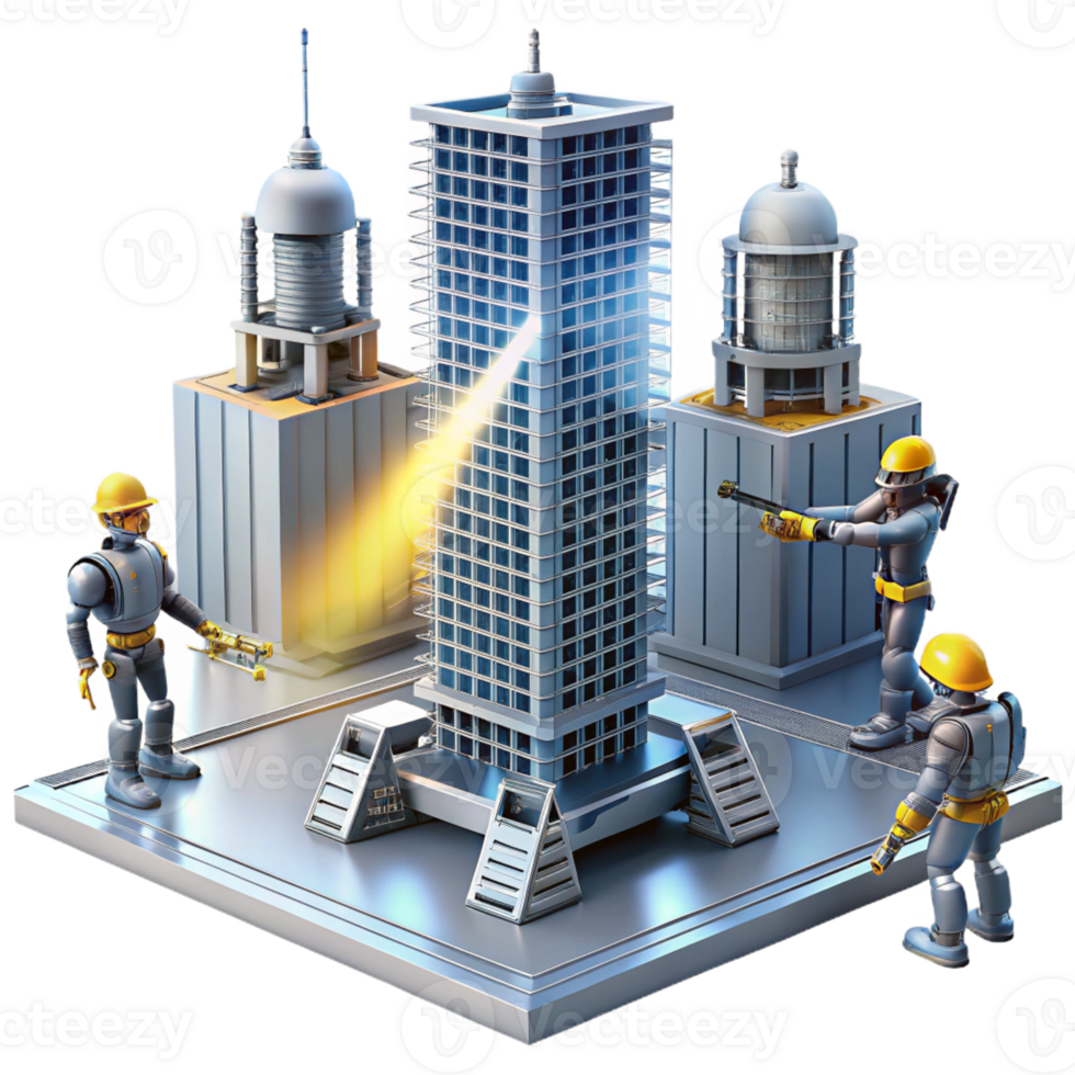serene artistic A team of construction robots assembling a futuristic skyscraper, beams of light cutting through the dusty air. Architectural rendering style authentic png