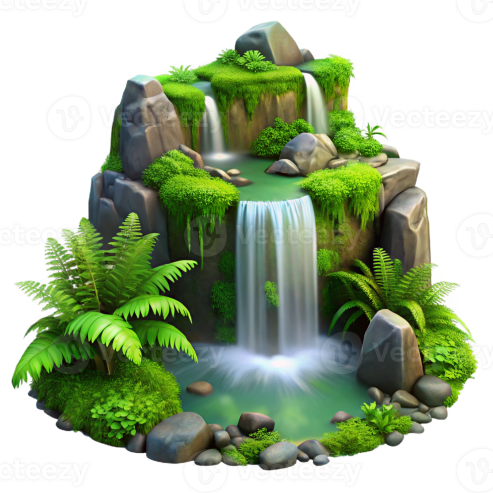 stunning minimalist A cascading waterfall surrounded by lush green moss and ferns, long exposure photography, ethereal lighting premium png