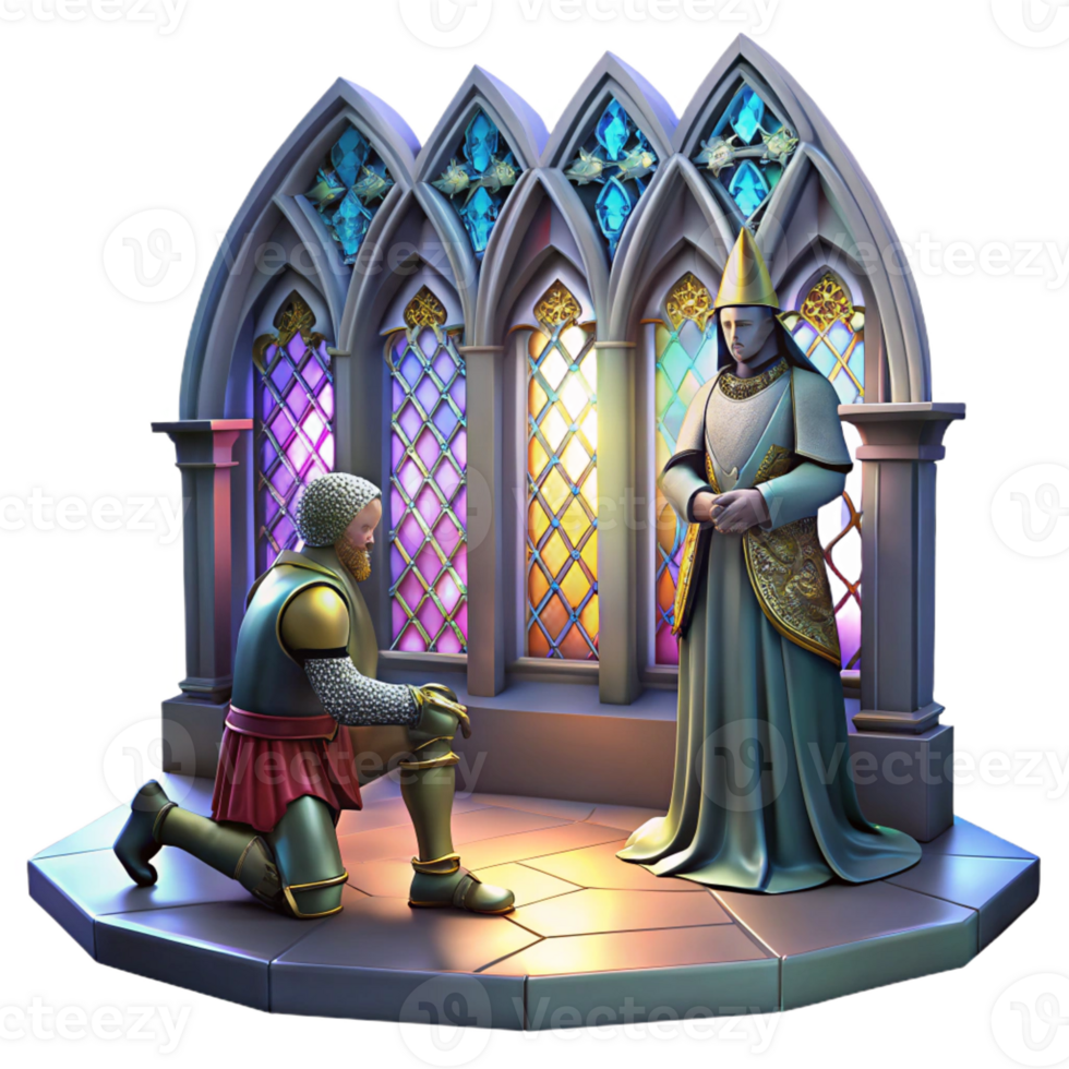 dramatic traditional A medieval knight kneeling before a king in a grand, gothic hall, lit by flickering candlelight and colorful stained-glass windows. Dramatic, painterly style detailed png