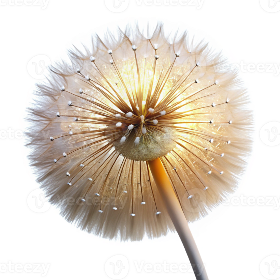 beautiful vintage A dew-kissed dandelion seedhead, moments before dispersing in the wind, lit by a soft golden backlight. Macro photography style original png