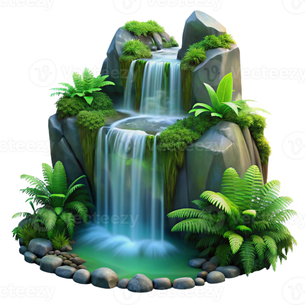 dramatic classic A cascading waterfall surrounded by lush green moss and ferns, long exposure photography, ethereal lighting professional png