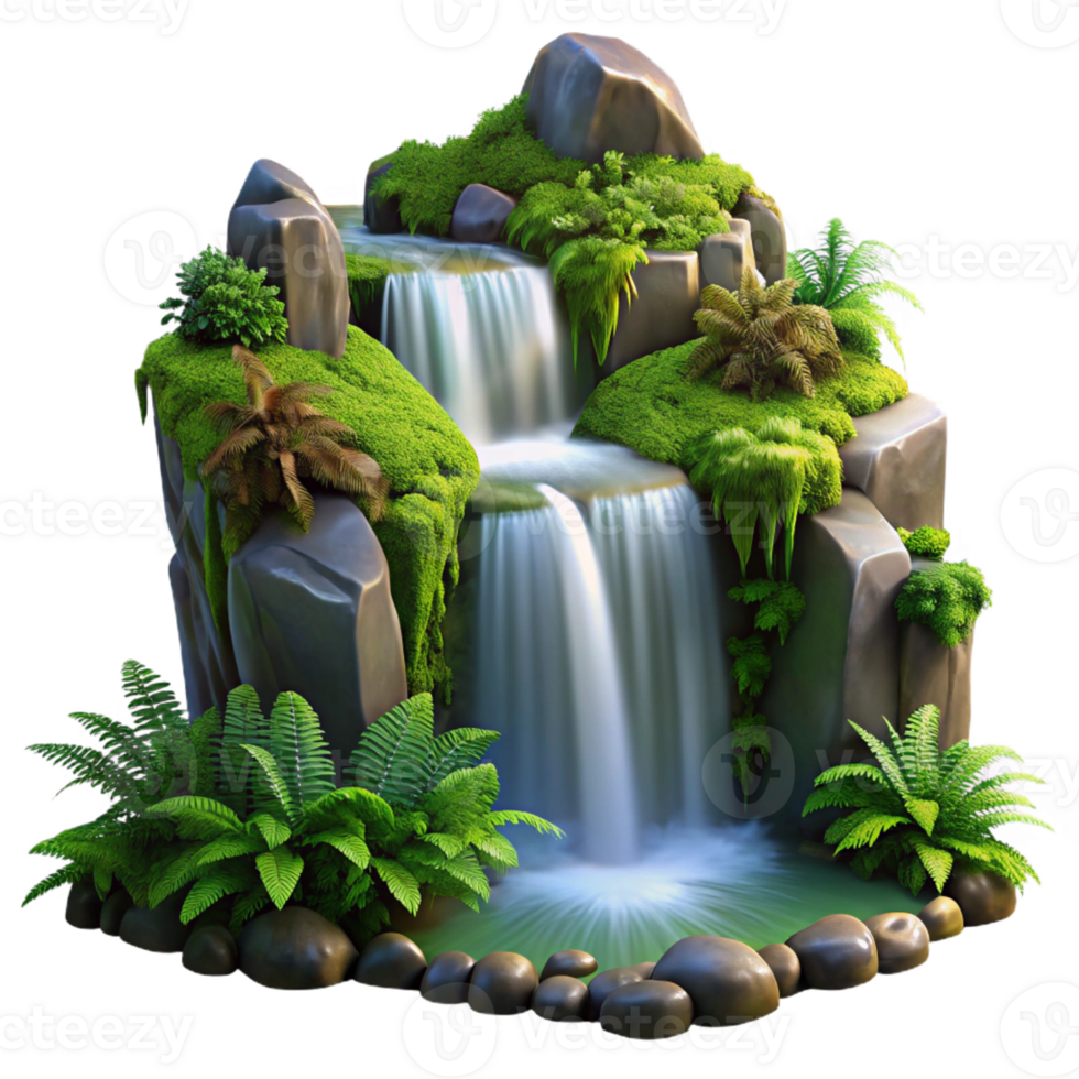 elegant vintage A cascading waterfall surrounded by lush green moss and ferns, long exposure photography, ethereal lighting genuine png
