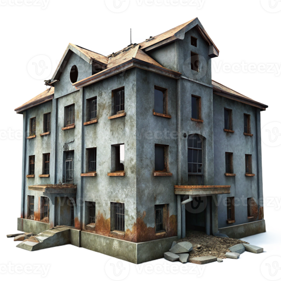 dramatic rustic A decrepit, abandoned asylum with broken windows and peeling paint. Overcast daylight, desaturated colors. Psychological horror, urban decay style detailed png