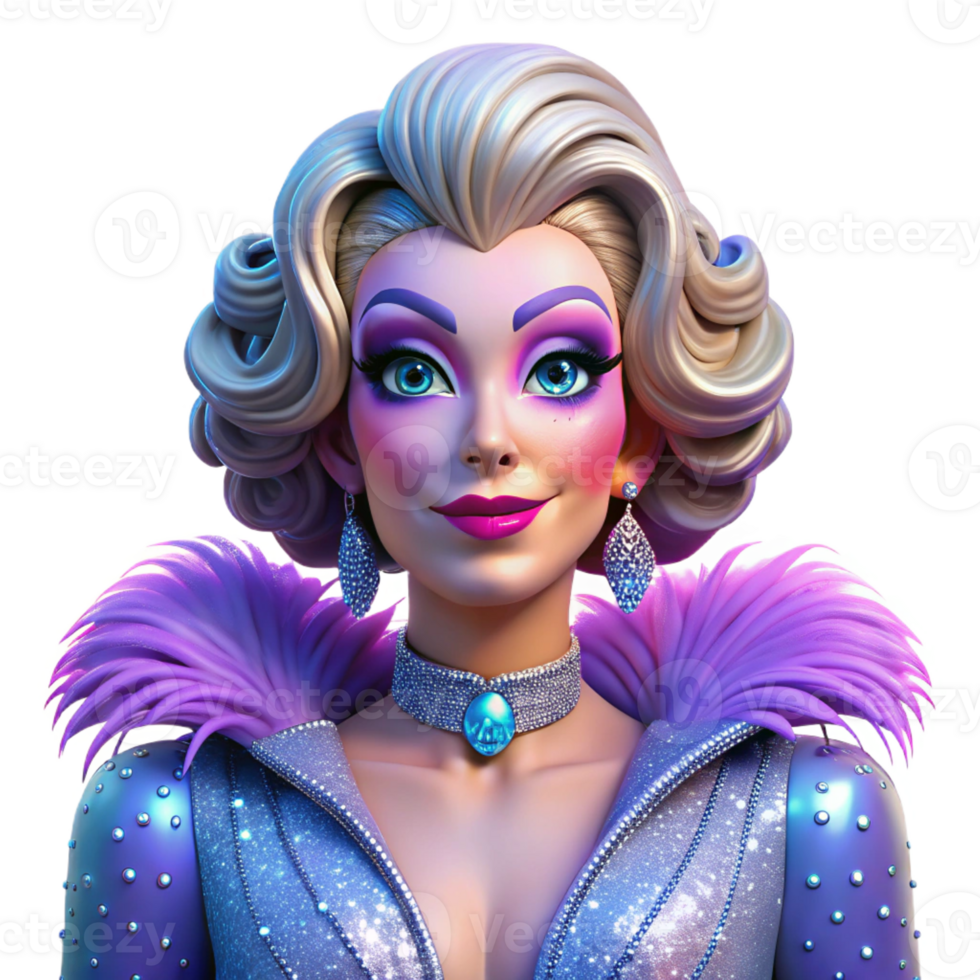 vibrant minimalist Portrait of a vibrant drag queen with elaborate makeup and costume, illuminated by stage lighting, in a glamorous style exclusive png