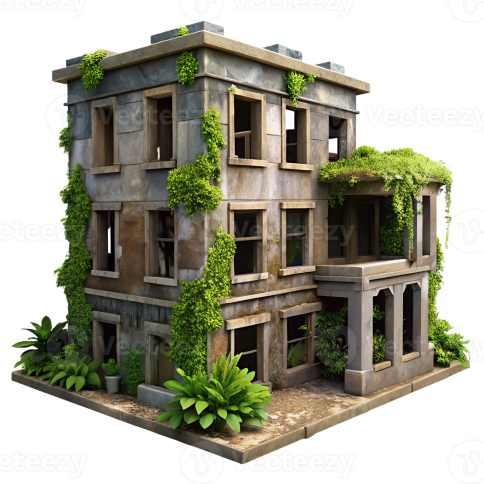 wonderful classic A decaying building with broken windows and overgrown vines, overcast sky, melancholic style genuine png