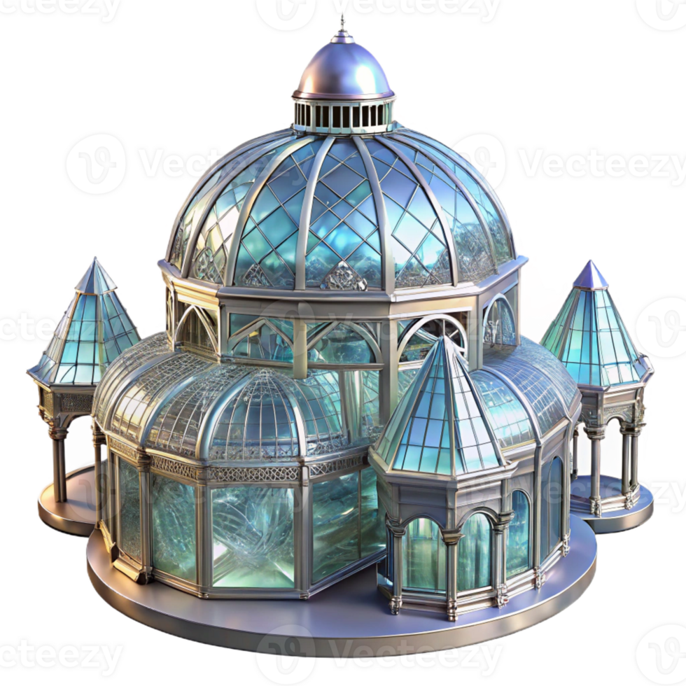 elegant artistic Crystal palace, intricate glass and metal structure, shimmering light, magical atmosphere, digital art original png
