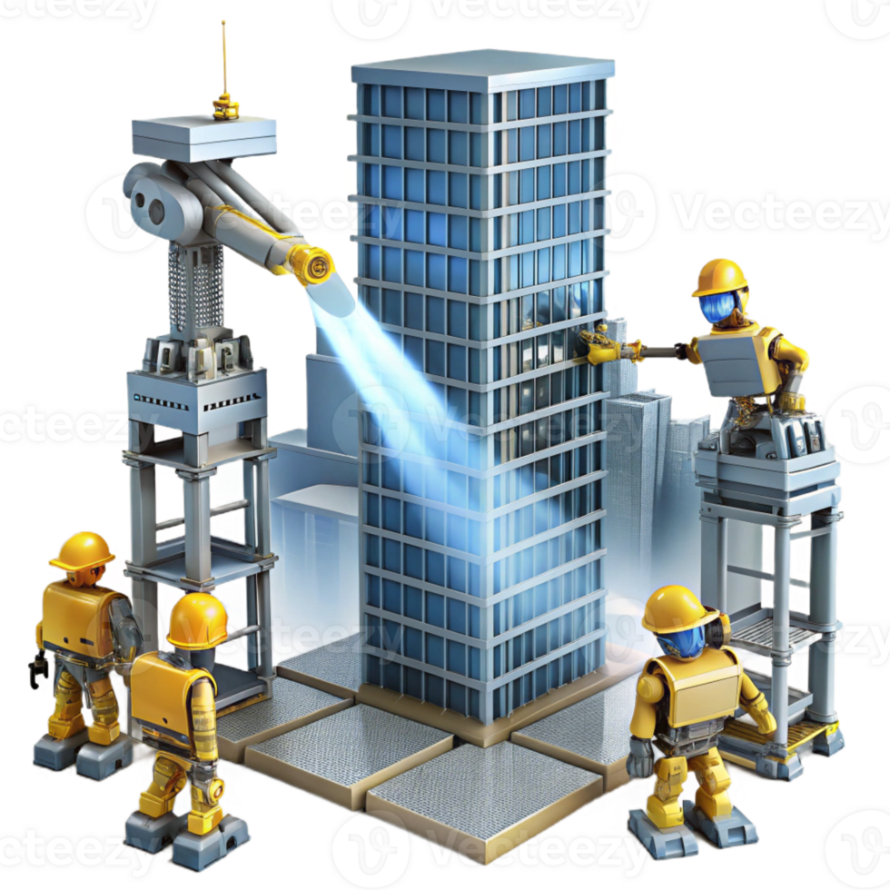 vibrant artistic A team of construction robots assembling a futuristic skyscraper, beams of light cutting through the dusty air. Architectural rendering style authentic png