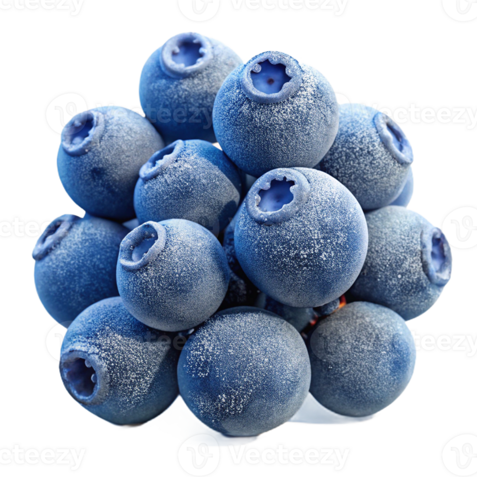 vibrant rustic A cluster of ripe blueberries covered in a layer of frost, lit by the cold morning light. Macro photography style premium png