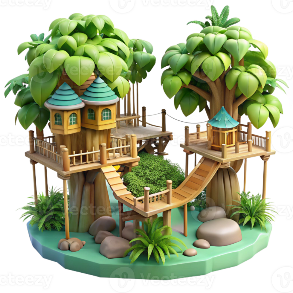 wonderful abstract Treehouse village, interconnected by rope bridges, lush jungle setting, fantasy illustration style high resolution png