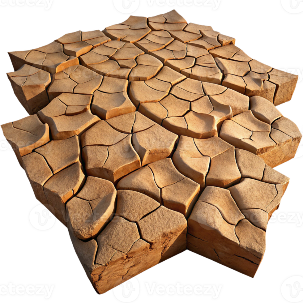 magnificent artistic A cracked desert floor, showcasing the intricate patterns of the dried earth, lit by the harsh midday sun. Abstract, nature photography style high resolution png