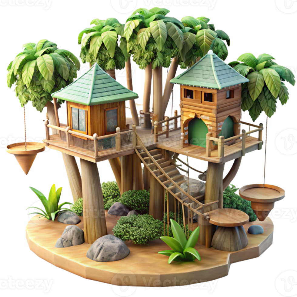 impressive vintage Treehouse village, interconnected by rope bridges, lush jungle setting, fantasy illustration style premium png