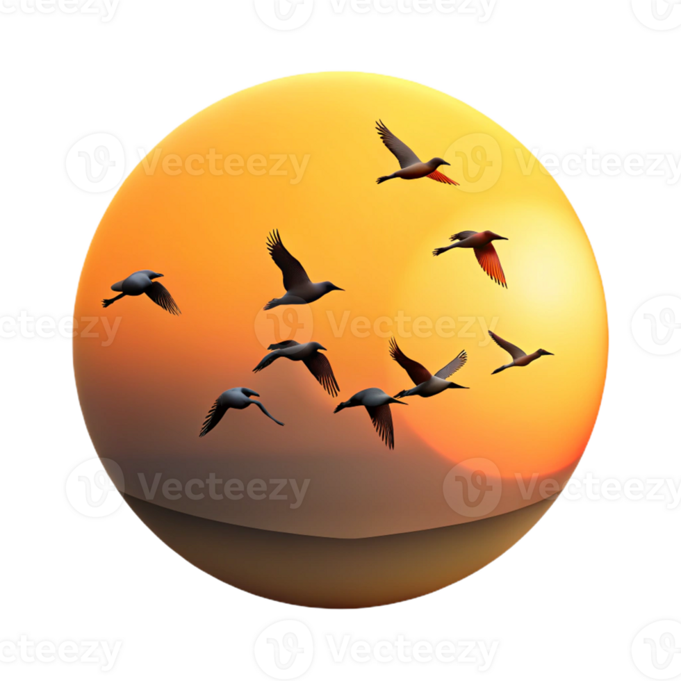 serene contemporary A group of migrating birds silhouetted against the sunset, dramatic lighting, minimalist style high quality png