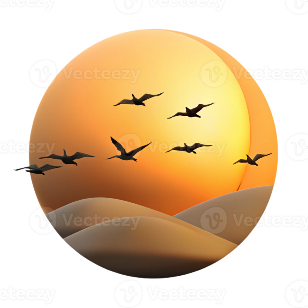 impressive artistic A group of migrating birds silhouetted against the sunset, dramatic lighting, minimalist style authentic png