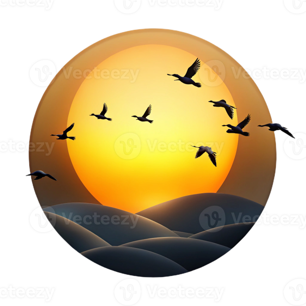 serene modern A group of migrating birds silhouetted against the sunset, dramatic lighting, minimalist style authentic png