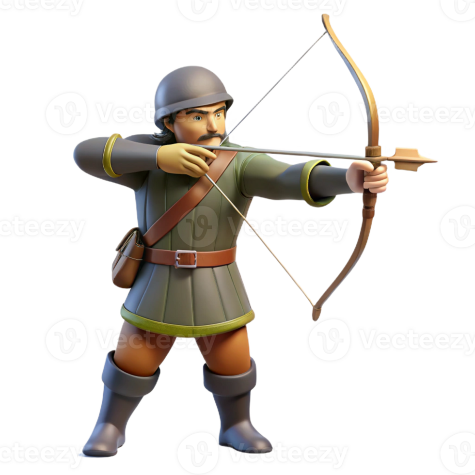 serene modern A medieval archer drawing his bow, dynamic pose, realistic detail, bright sunlight detailed png