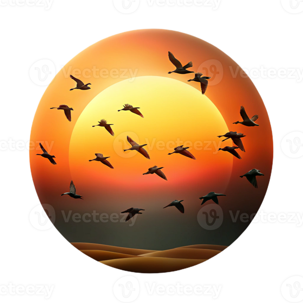dramatic modern A flock of migratory birds silhouetted against a fiery sunset, dramatic lighting, minimalist art style authentic png