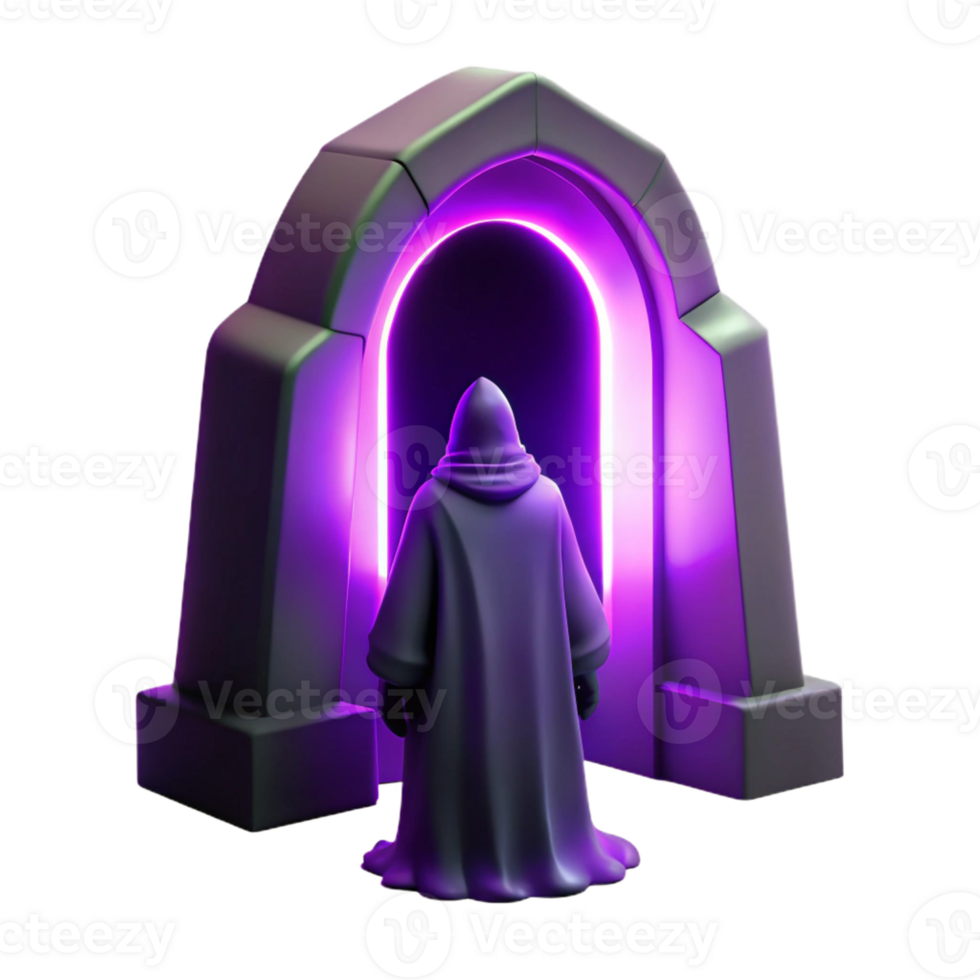 serene contemporary A mysterious, hooded figure standing before a massive, ancient portal radiating an ominous purple light. Illustrated in a dark, surrealist style 4K png