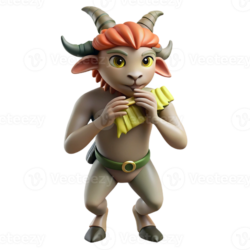 serene traditional A mysterious satyr with goat legs and a mischievous grin, playing a pan flute in a forest glade. Soft, dappled sunlight. Classical mythology style premium png