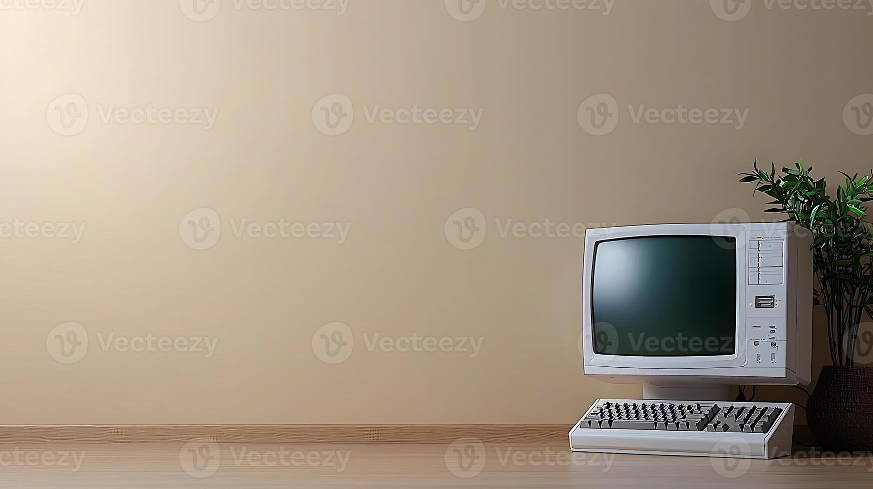 Vintage computer setup in a minimalist room with a plant, showcasing retro technology aesthetics photo
