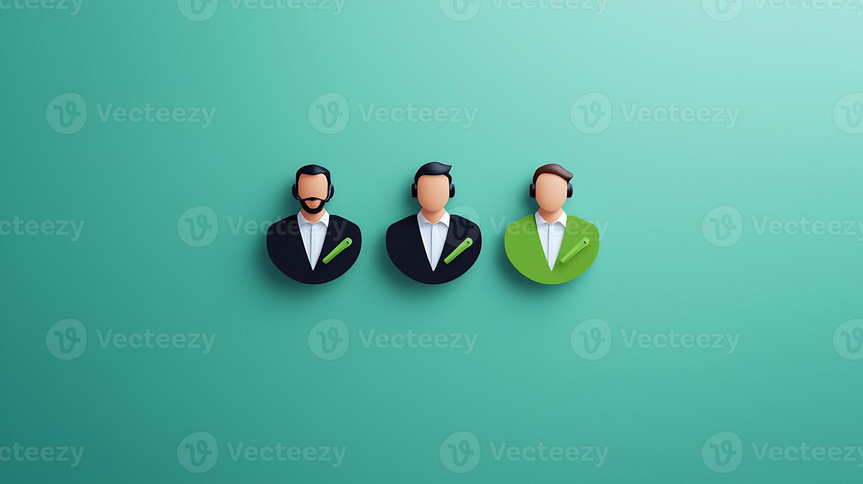Three stylized business professionals in suits against a turquoise background, representing teamwork photo
