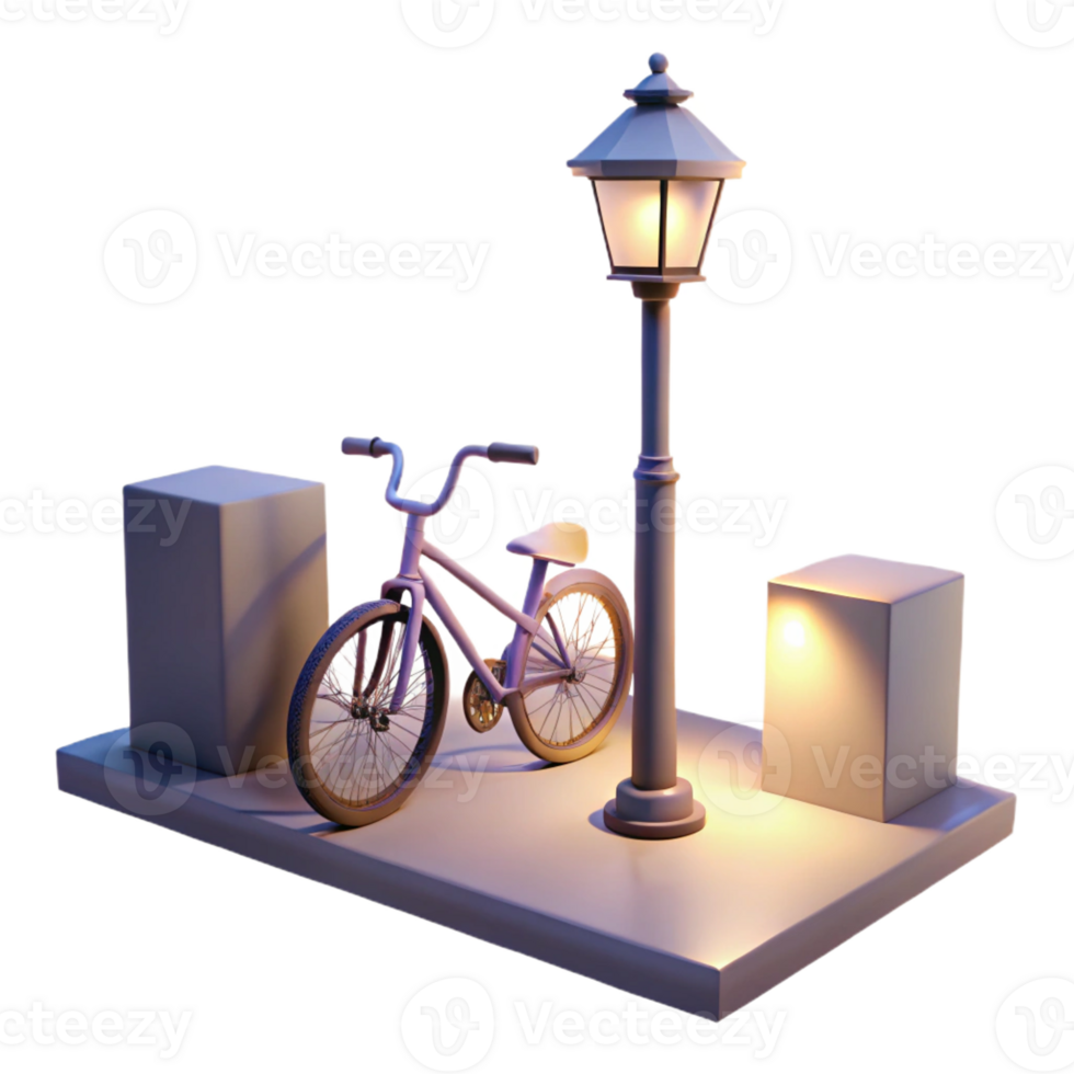 elegant contemporary A lone bicycle leaning against a lamppost in a quiet residential street, soft twilight lighting, serene atmosphere, minimalist style genuine png