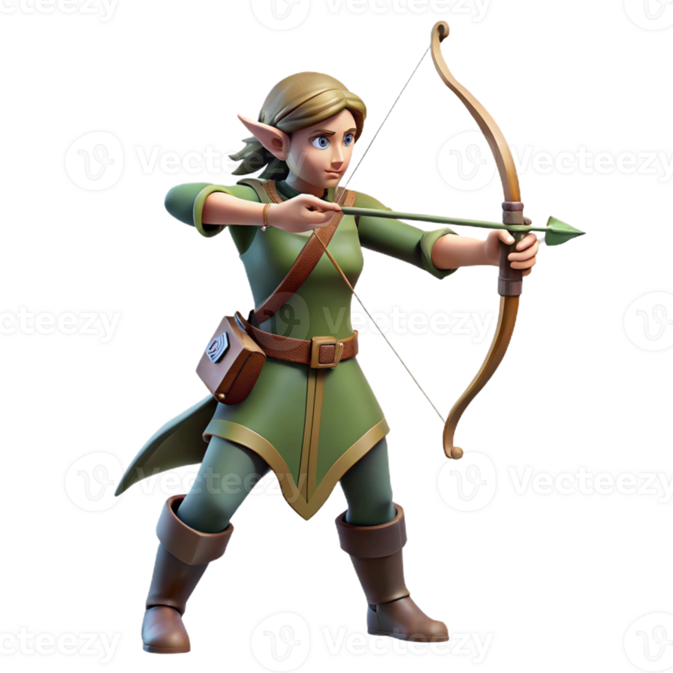 elegant modern A beautiful elf archer with a bow and arrow, aiming at an unseen target. Soft, forest lighting, fantasy illustration style premium png