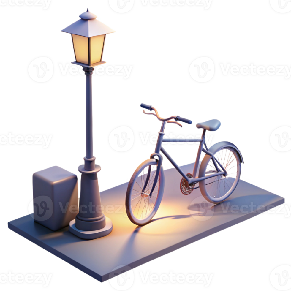 stunning artistic A lone bicycle leaning against a lamppost in a quiet residential street, soft twilight lighting, serene atmosphere, minimalist style high resolution png