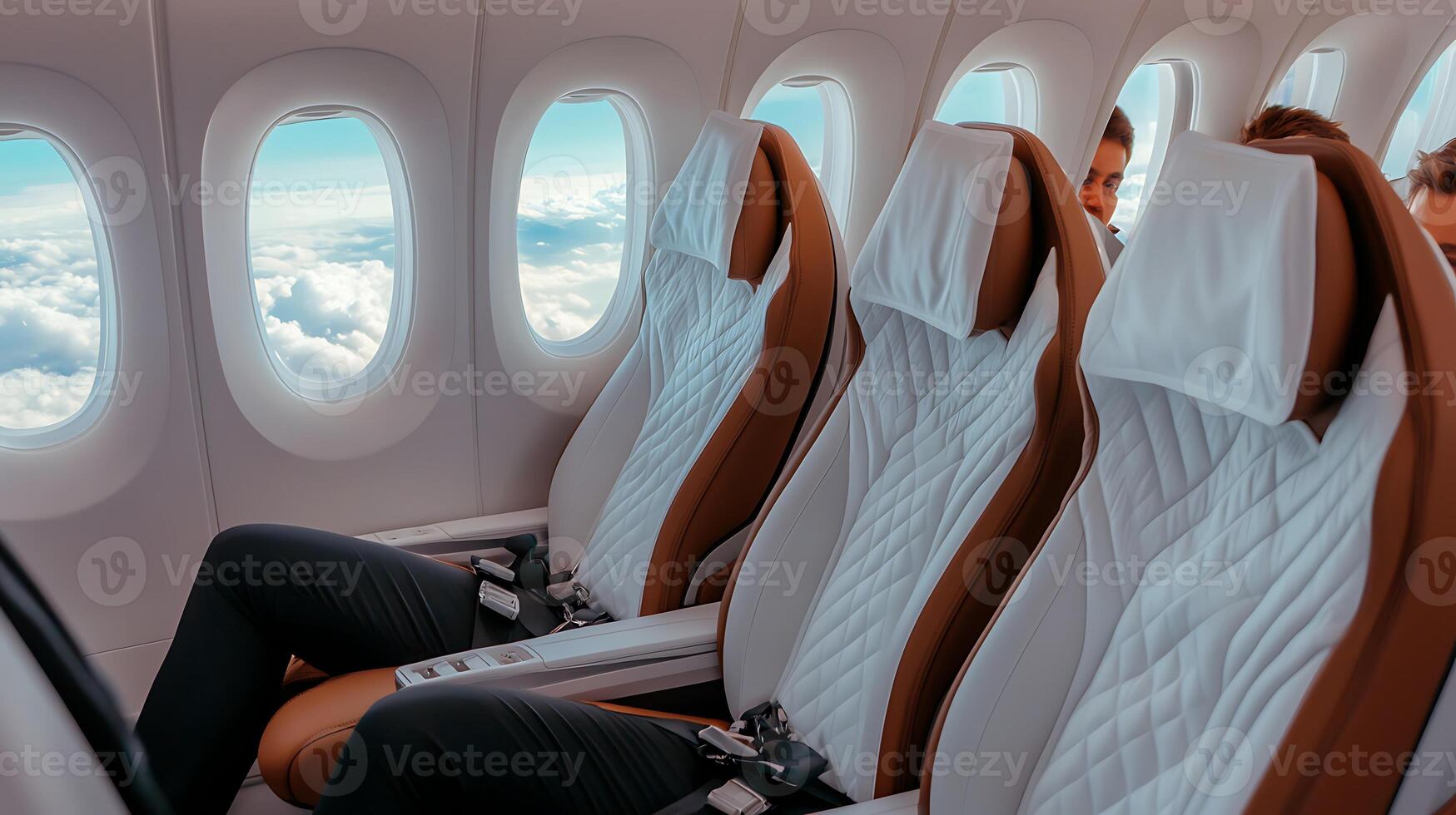 Comfortable airplane seating arrangement with passengers enjoying a scenic view above the clouds photo