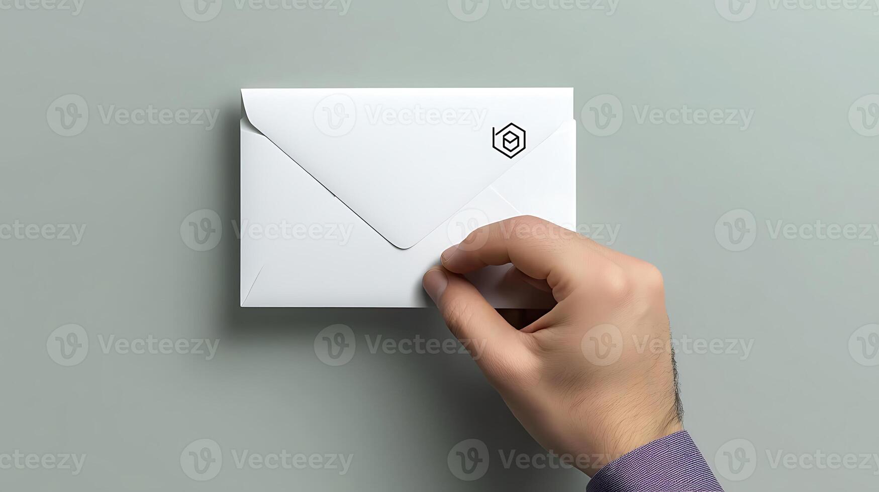 Hand opening a sealed envelope on a minimalist gray background, suggesting communication and anticipation photo