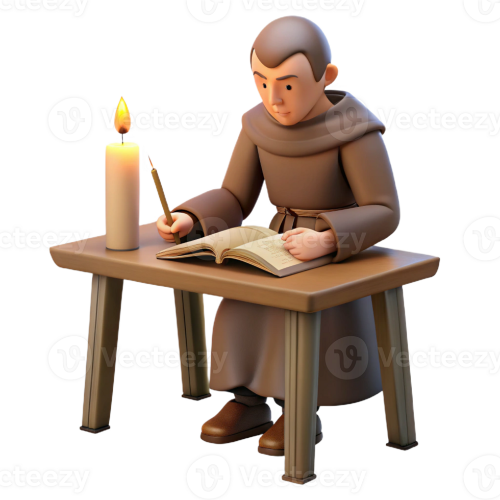 impressive vintage A solitary monk writing in a scriptorium, illuminated by a single candle, quiet contemplative mood, realistic detail 4K png