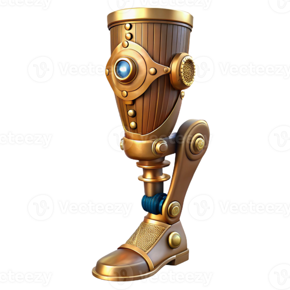 serene rustic A steampunk prosthetic leg, crafted from polished wood and brass, featuring intricate carvings and clockwork details. Neutral lighting, realistic style, high detail exclusive png