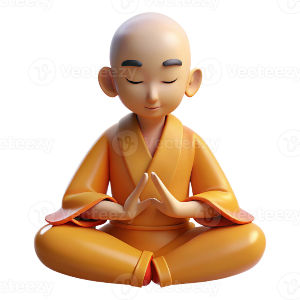 dramatic rustic A serene anime monk with shaved head and orange robes, meditating in a lotus position, soft, warm lighting, in the style of a spiritual anime detailed png