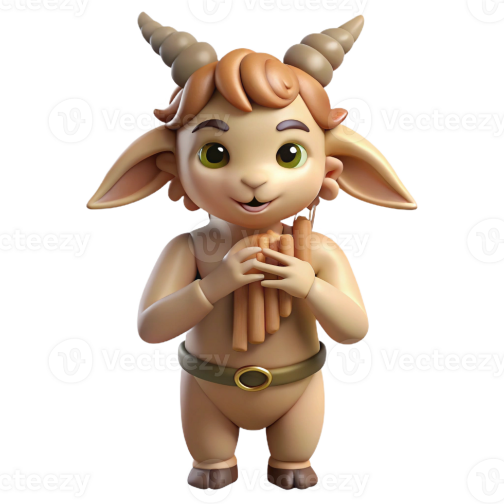 serene minimalist A whimsical satyr with goat legs and a mischievous grin, playing a pan flute in a forest glade. Soft, dappled lighting. Pastoral style detailed png
