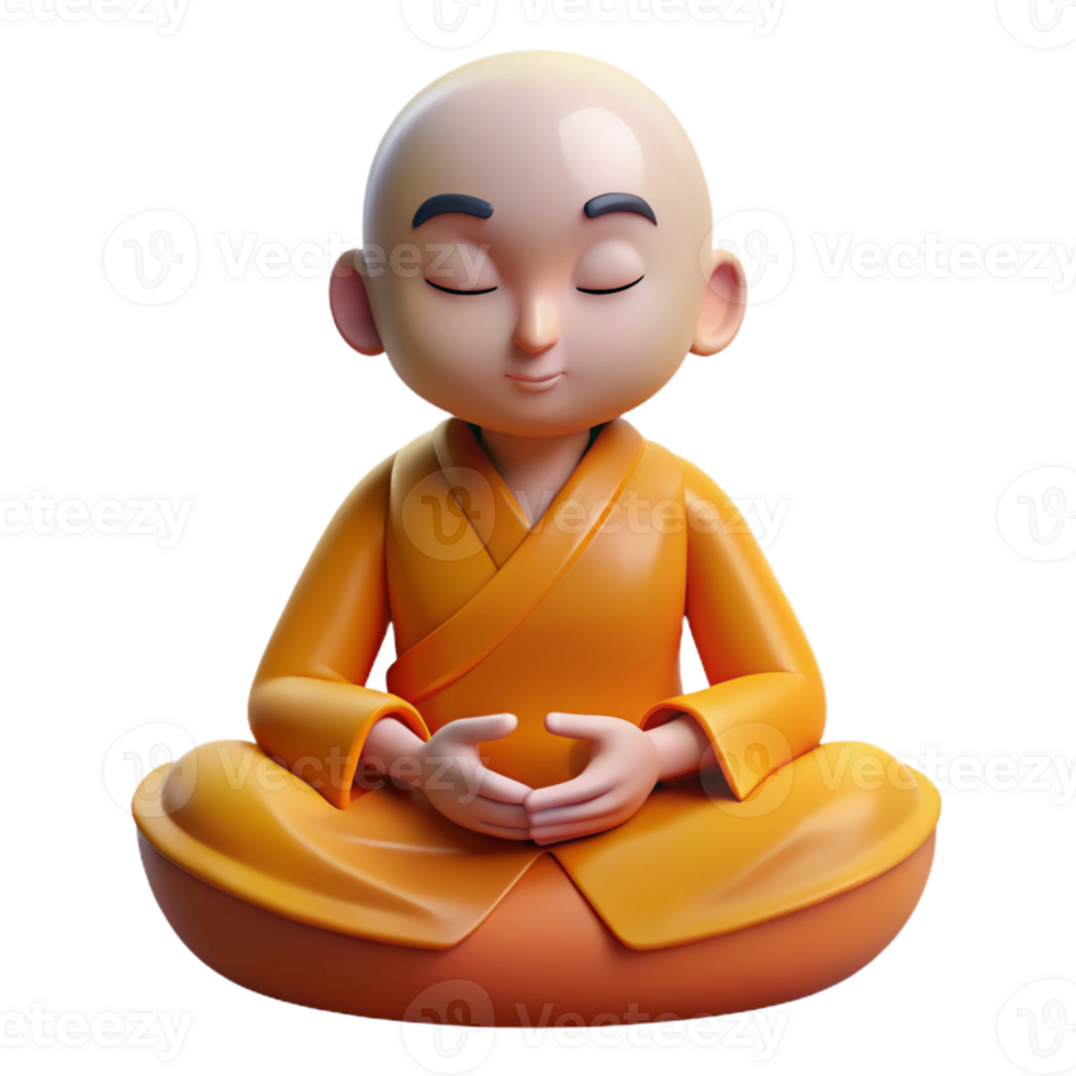 vibrant artistic A serene anime monk with shaved head and orange robes, meditating in a lotus position, soft, warm lighting, in the style of a spiritual anime professional png