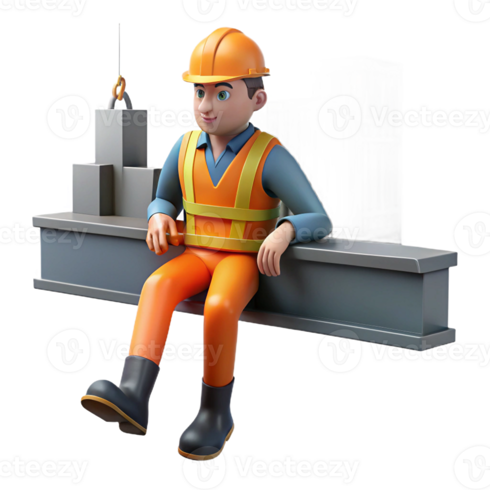 serene modern A construction worker taking a break on a girder high above the city, industrial photography, high contrast lighting authentic png