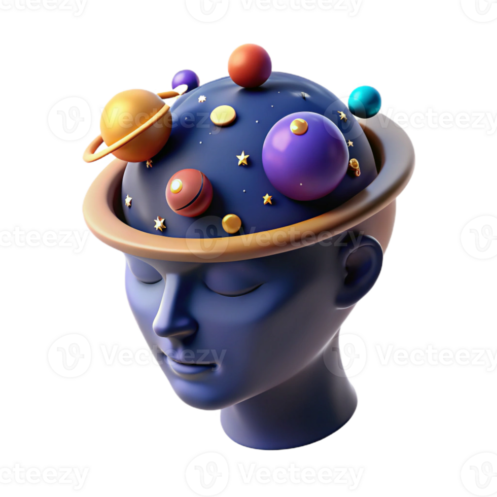 stunning traditional A human head filled with a miniature galaxy, surrounded by orbiting planets and stars, lit by a cosmic glow. Space art style 4K png