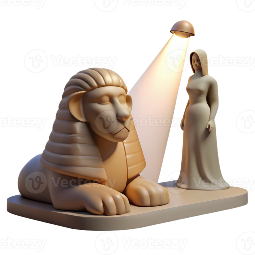 dramatic modern A mysterious sphinx with the body of a lion and the head of a woman, gazing enigmatically into the distance, lit by a single spotlight. Surrealist style authentic png