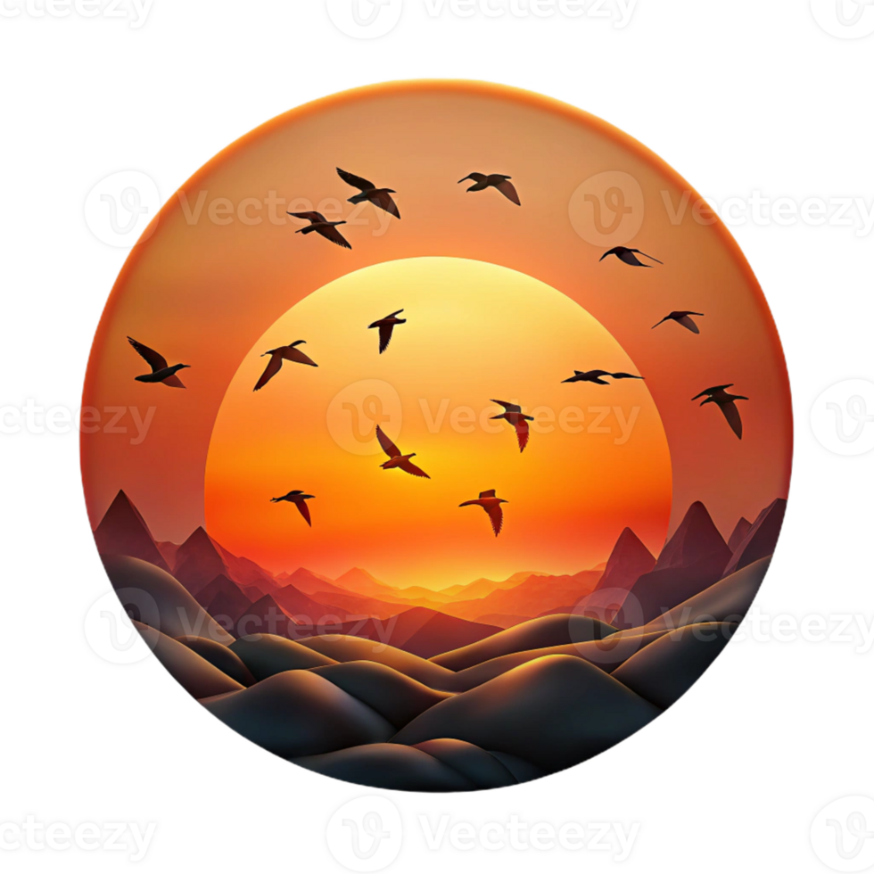 impressive artistic A flock of migratory birds silhouetted against a fiery sunset, dramatic lighting, minimalist art style exclusive png