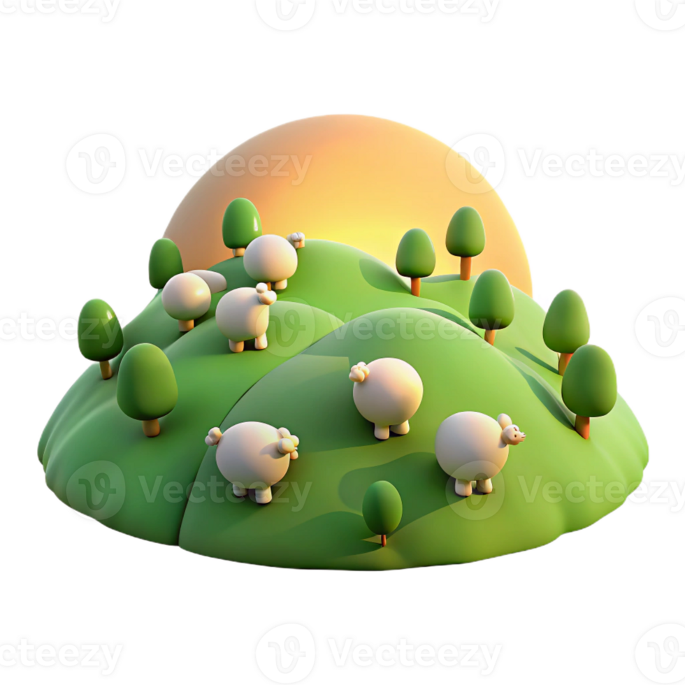 serene abstract A rolling green hill dotted with sheep, bathed in the warm glow of a summer sunset, with a peaceful, pastoral painting style high resolution png