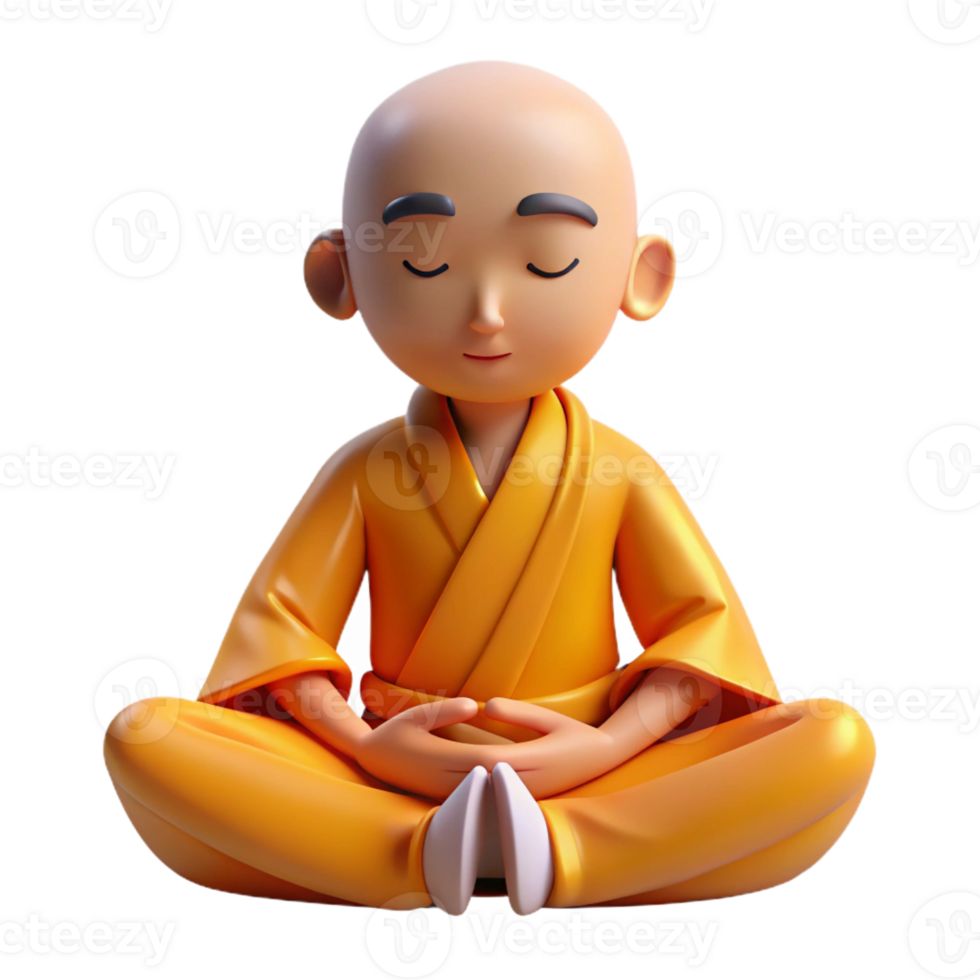 elegant traditional A serene anime monk with shaved head and orange robes, meditating in a lotus position, soft, warm lighting, in the style of a spiritual anime original png
