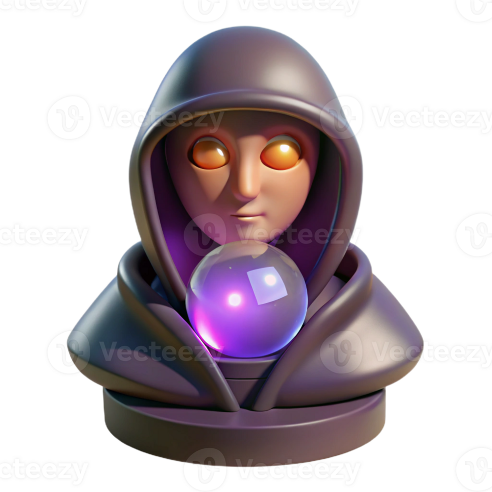 dramatic traditional A mysterious oracle with hooded robes and glowing eyes, gazing into a crystal ball. Soft, ethereal lighting. Surrealist style original png